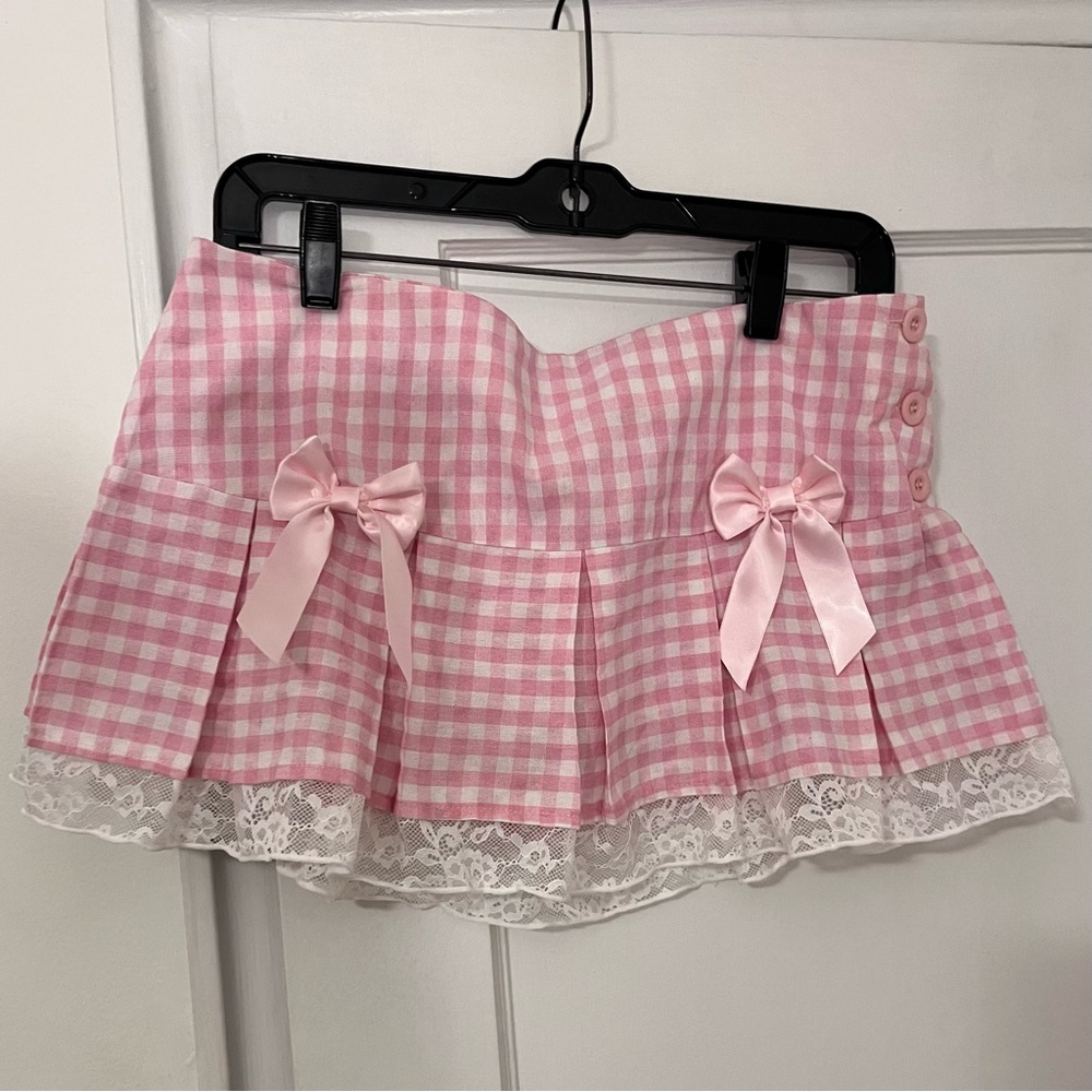 NWOT - Pink & White Gingham Plaid Pleated Miniskirt w Safety Shorts
